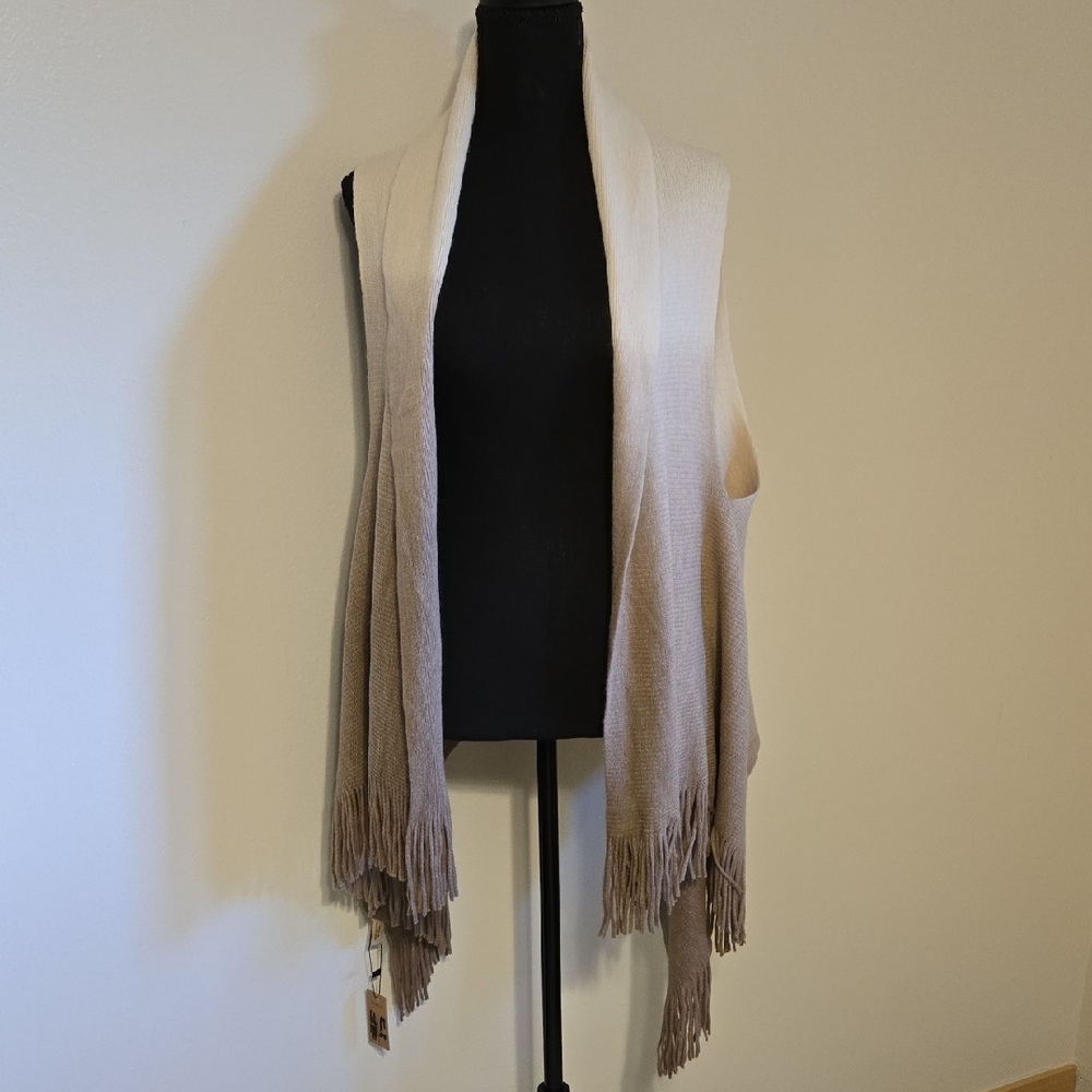 Two-Tone Fringe Knit 2 In 1 Scarf Or Sleeveless Cardigan